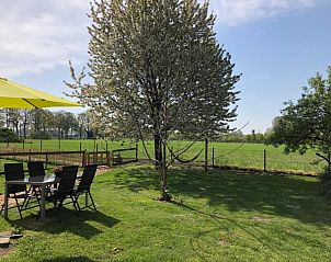 Zonnige tuin met eettafel bij Sturrishuus appartement in Varsseveld, Achterhoek, Gelderland.