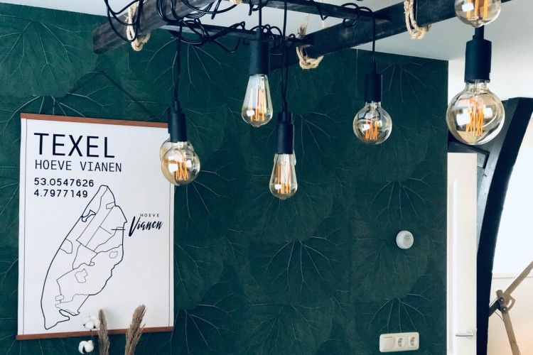 Stilvolles Interieur von Unique 10 pers. Farm Lodge De Slufter in 'Hoeve Vianen' in De Cocksdorp, Texel, mit moderner Beleuchtung.