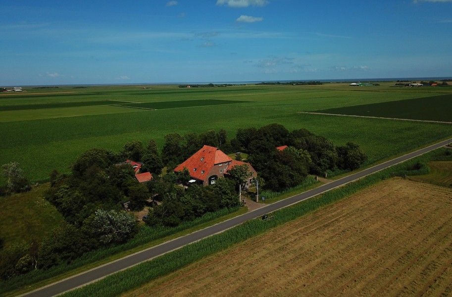 Luftaufnahme von Unique 10 pers. Farm Lodge De Slufter in 'Hoeve Vianen', De Cocksdorp, Texel, umgeben von weitlaeufiger Natur.