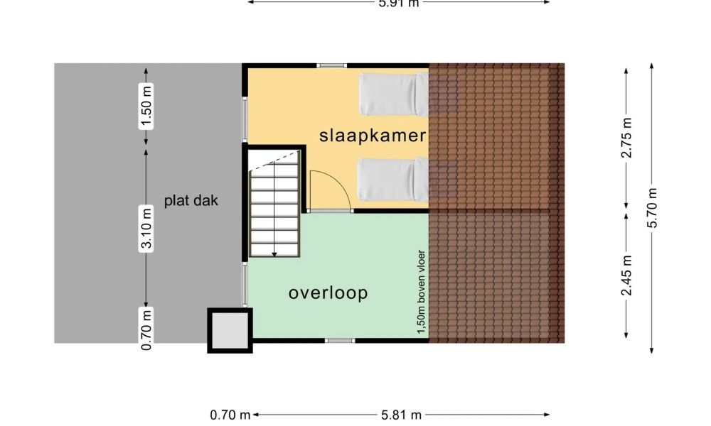 Plattegrond van TXL Huisje 299 in De Cocksdorp, Texel, met slaapkamer en overloop op de bovenverdieping van het vakantiehuis.