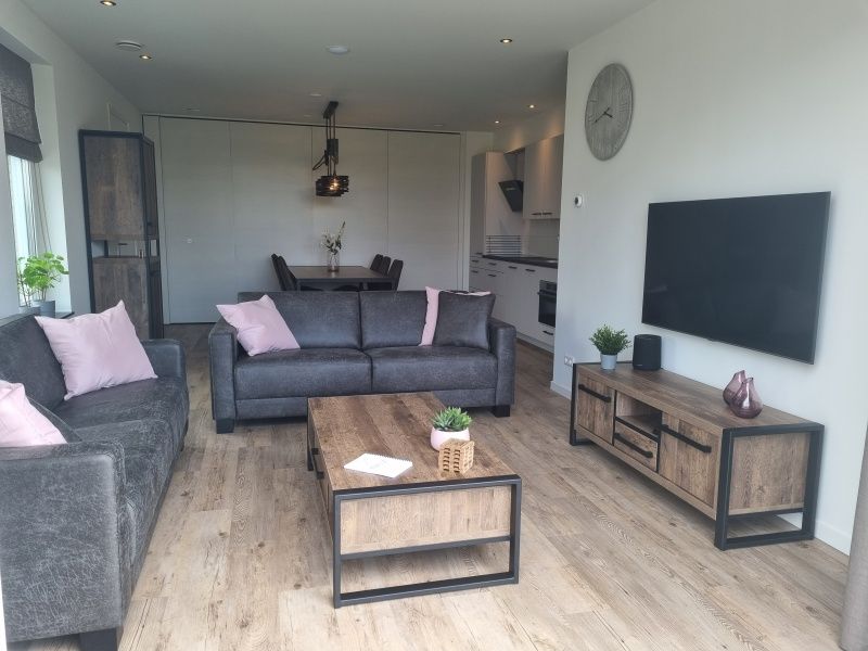 Vakantiehuis De Slufter in De Cocksdorp, Texel heeft een moderne woonkamer met stijlvolle meubels en een uitnodigende sfeer.