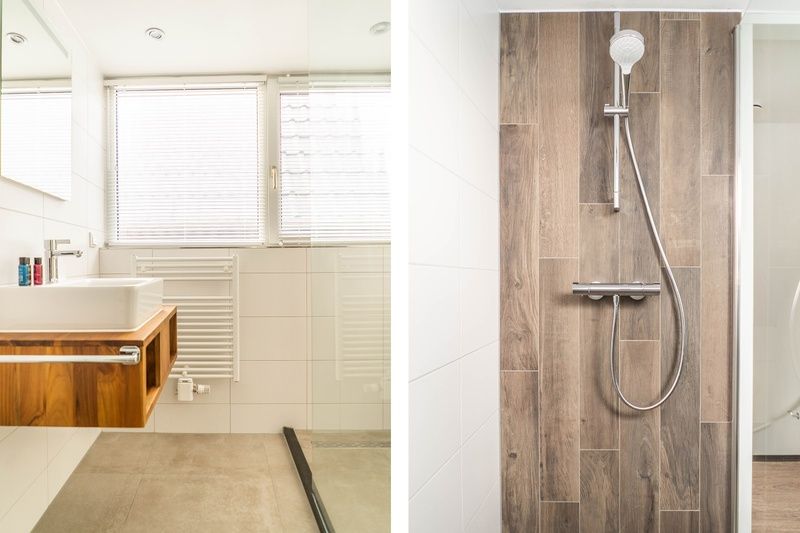 Moderne douche en wastafel in Type D Kikkertstraat, vakantiehuis in De Cocksdorp, Texel.