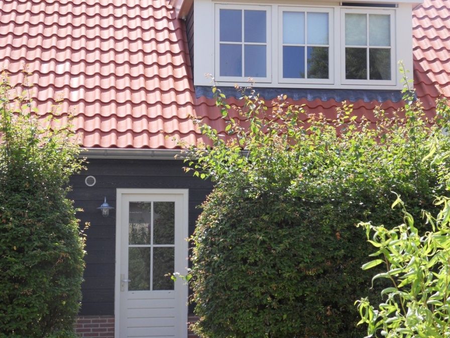 Vooraanzicht van vakantiehuis Type 8 - 2108 in De Cocksdorp, Texel, omgeven door groene natuur.