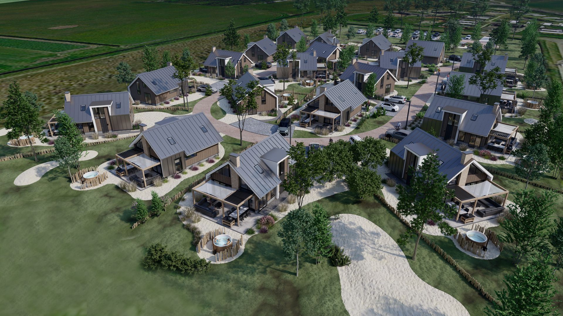 Aerial view of Chalet in De Cocksdorp, Texel, with panoramic views of vacation homes and nature on the Wadden Islands.