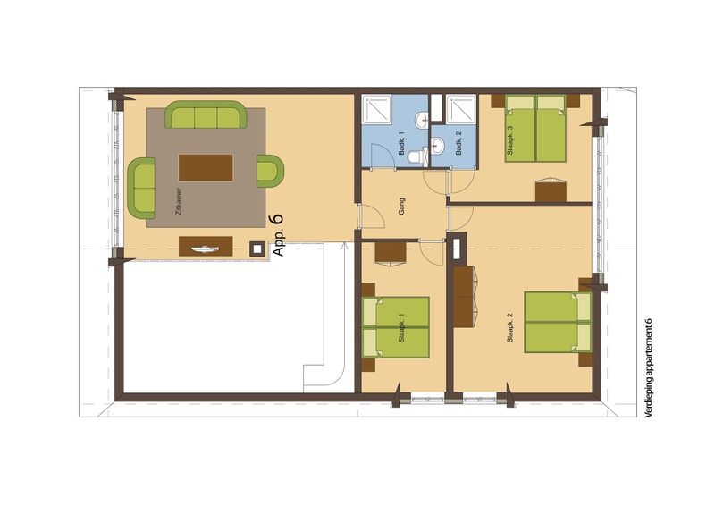 Bovenverdieping plattegrond van vakantiehuis Type W in De Cocksdorp Texel met slaapkamers.