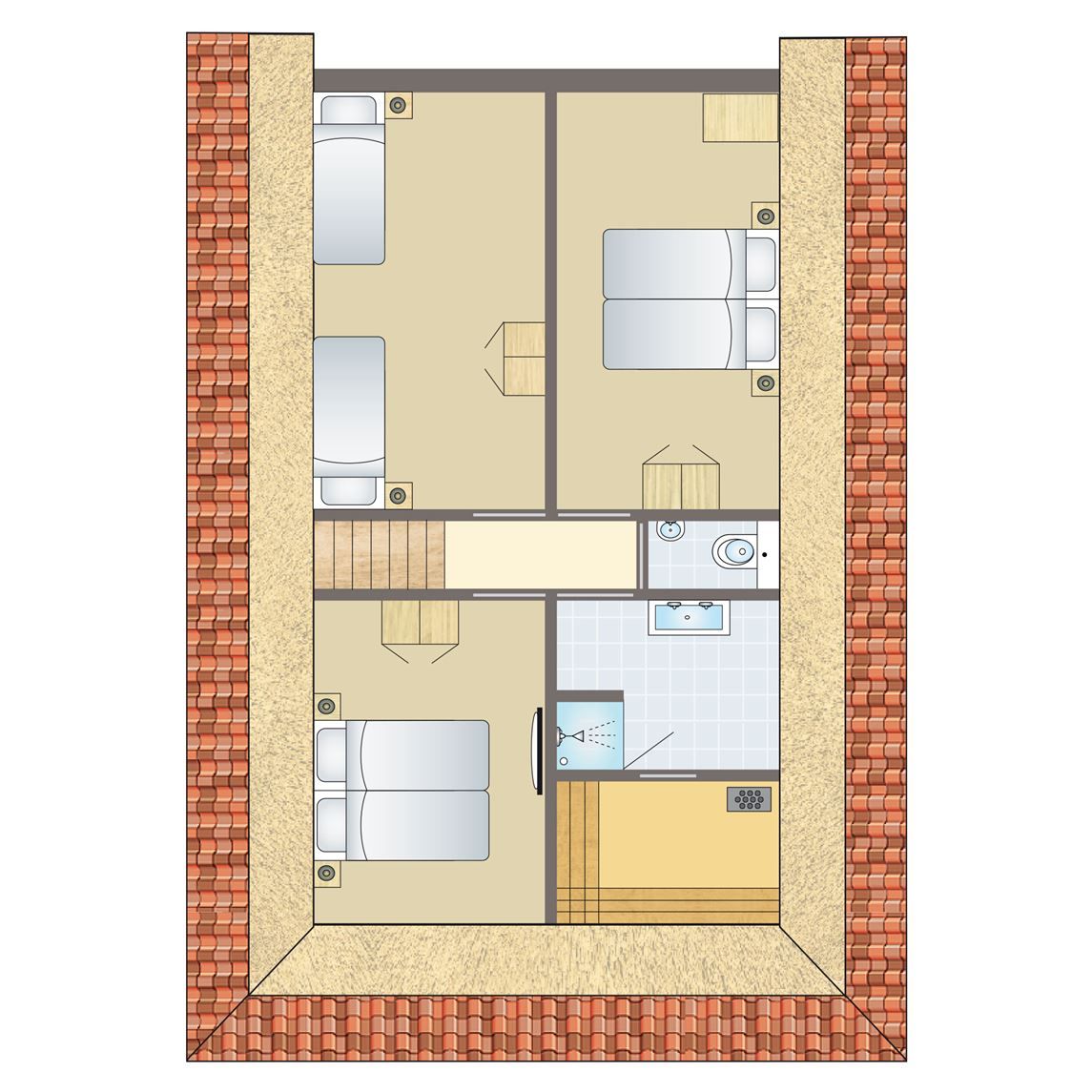 Grundriss von Sluftervallei 8-Personen-Bungalow 8L in De Cocksdorp, Texel. Ideales Ferienhaus fuer Familien auf den Watteninseln.
