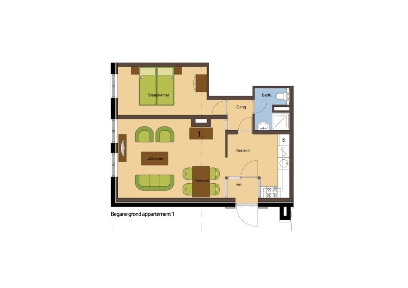 Plattegrond van Type R vakantiehuis, De Cocksdorp, Texel, met overzicht van kamers en indeling.
