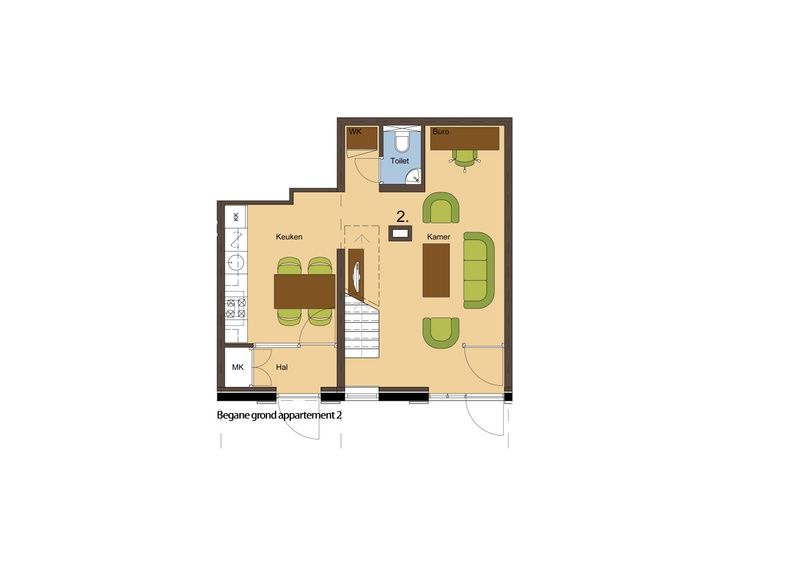 Plattegrond begane grond Type S-2 vakantiehuis, De Cocksdorp, Texel, met keuken en woonkamer.
