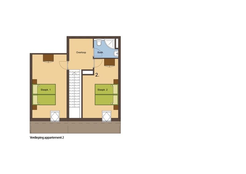 Plattegrond bovenverdieping Type S-2 vakantiehuis, De Cocksdorp, Texel, met slaapkamers en badkamer.