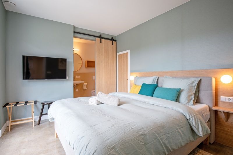 Luxury bedroom in Holiday home De Razende Bol, De Cocksdorp, Texel, with king-size bed and modern decoration.