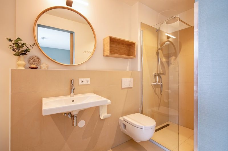 Stylish bathroom in Holiday Home De Razende Bol, De Cocksdorp, Texel, with walk-in shower and modern sink.