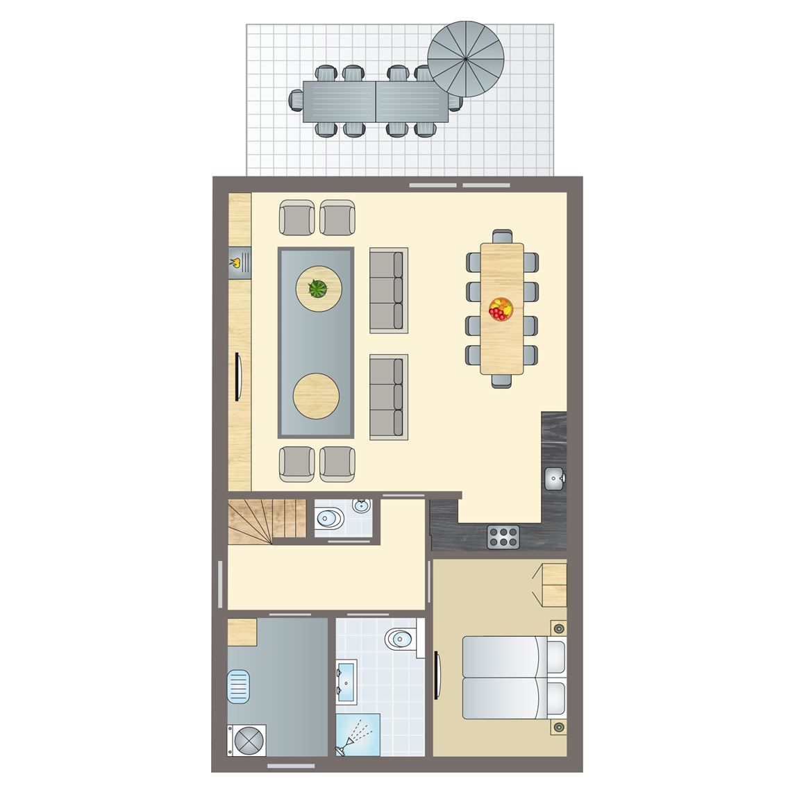 Plattegrond van Sluftervallei 10-persoons bungalow in De Cocksdorp, Texel, met ruime woonkamer en eetgedeelte voor een comfortabel verblijf.