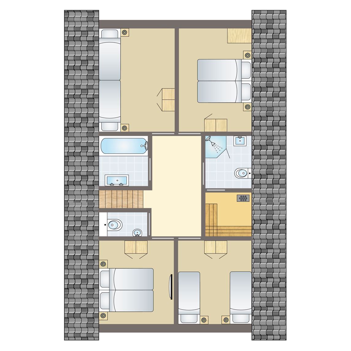 Plattegrond van Sluftervallei 10-persoons bungalow, breed toegankelijk, in De Cocksdorp, Texel. Ruime indeling voor comfort in de Waddeneilanden.