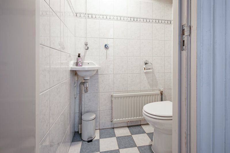 Compacte badkamer in vakantiehuis Muyweg 062, De Cocksdorp, Texel met toilet en wastafel.