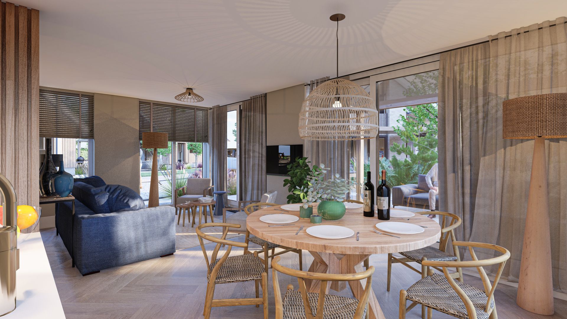 Helles Wohnzimmer eines freistehenden Hauses in De Cocksdorp, Texel. Gemtliche Essecke mit Blick auf die grne Umgebung der Waddeninseln.