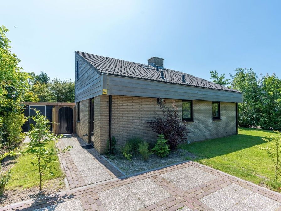 Vakantiehuis A 103 in De Cocksdorp, Texel biedt een serene buitenruimte met groene tuin en uitnodigend terras, ideaal voor ontspanning.