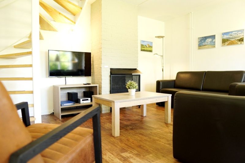 Gezellige woonkamer in Vakantiehuis D 415, De Cocksdorp, Texel, met comfortabele zithoek en moderne inrichting voor een ontspannen verblijf.