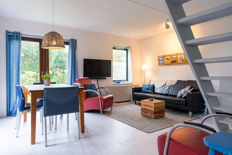 Gemuetliches Wohnzimmer des Ferienhauses B 043 in De Cocksdorp, Texel, mit modernen Moebeln und Blick auf die gruene Natur.