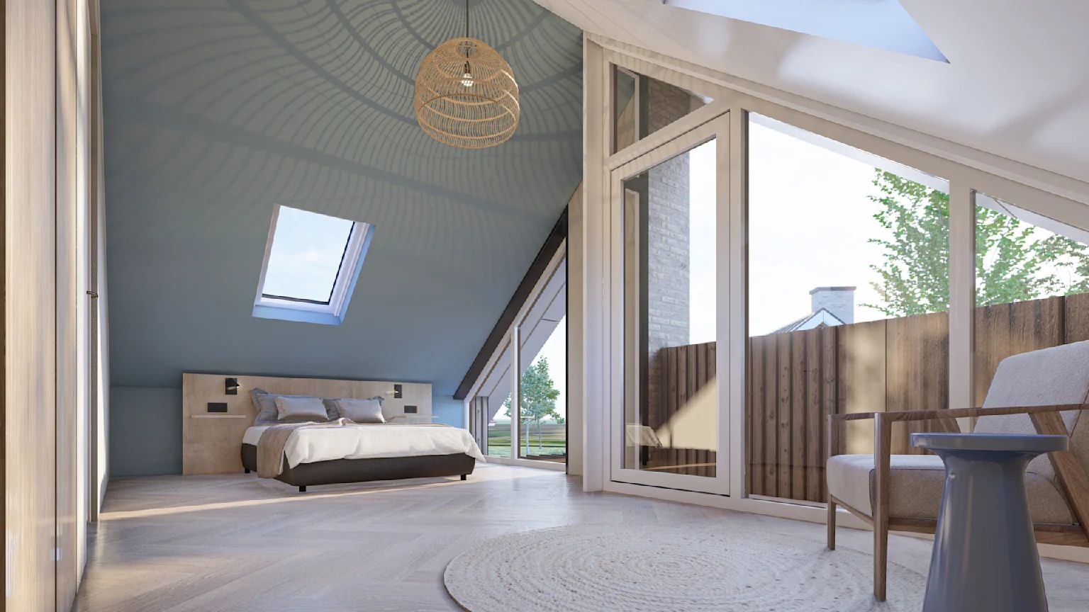 Bright bedroom in detached house in De Cocksdorp, Texel, with large window and modern interior, ideal for a relaxing vacation.