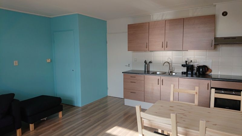 Moderne Kueche in der Ferienunterkunft Kikkerpoel, De Cocksdorp, Texel mit Holzschraenken und Geraeten.