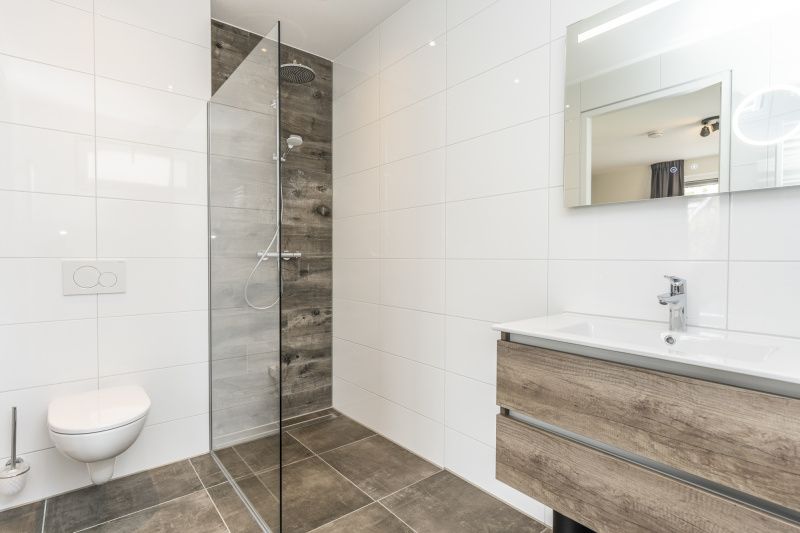 Luxury bathroom in Villa 39 De Koog Texel with walk-in shower and modern sink.