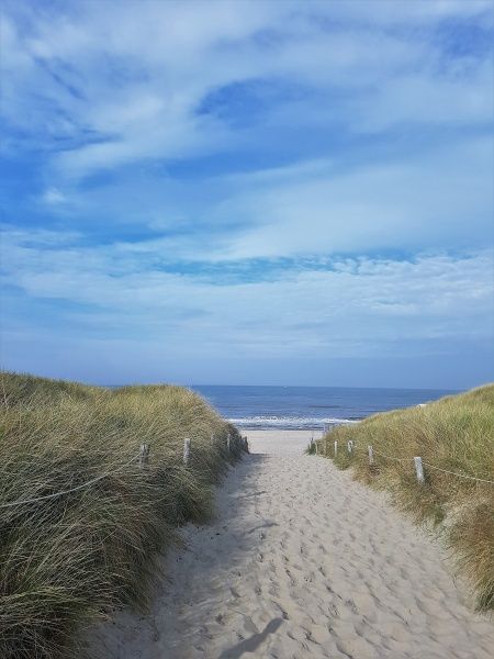 Prachtig strandpad nabij De Anemoon, De Koog, Texel. Uitzicht op de duinen en de zee.