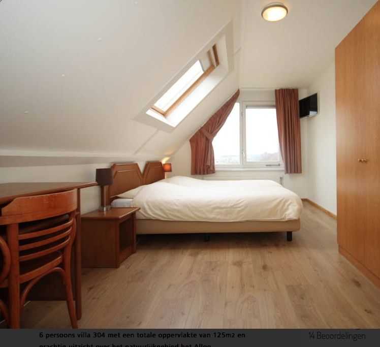 Slaapkamer met dakraam in 6 Persoons luxe villa met sauna in De Koog, Texel, met een comfortabel bed.