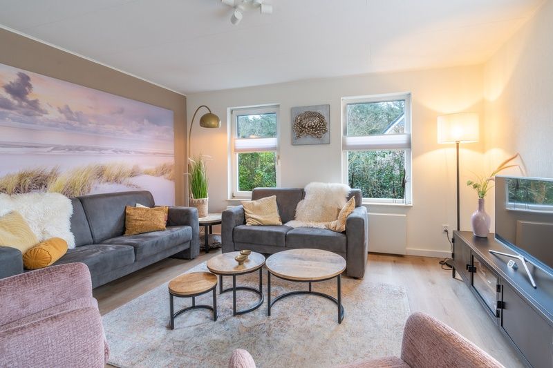 Gemuetliches Wohnzimmer des Ferienhauses Kamperfoelie 33 in De Koog, Texel mit komfortabler Sitzecke.