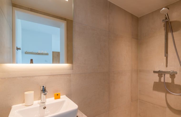 Stijlvolle badkamer in Huisje in De Koog, Texel, met moderne douche en wastafel.