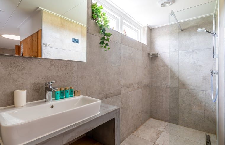 Ruime badkamer in Huisje in De Koog, Texel, met inloopdouche en moderne wastafel.
