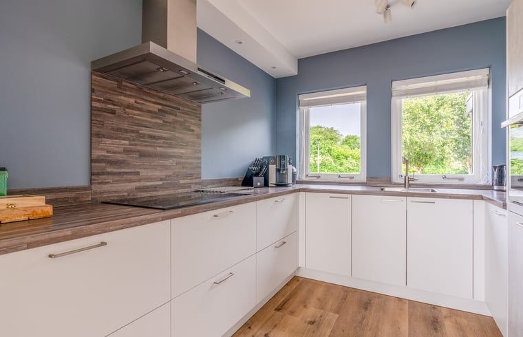 Moderne keuken in Huisje in De Koog, Texel, met uitzicht op de groene omgeving van de Waddeneilanden.