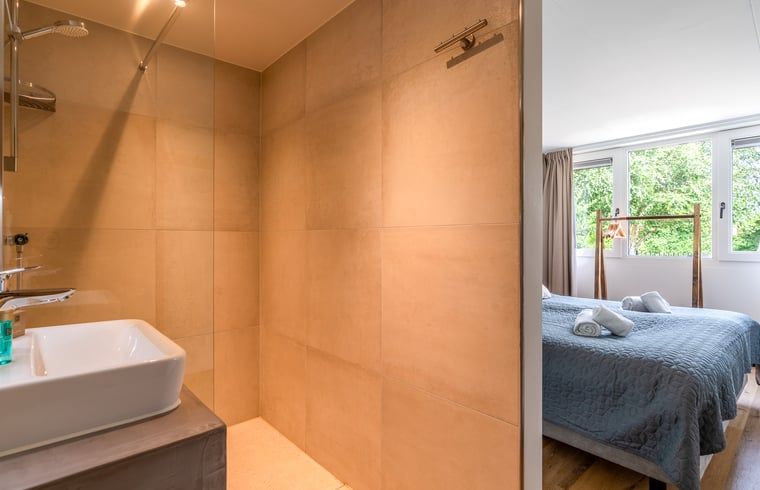 Moderne badkamer in Huisje in De Koog, Texel, met inloopdouche en stijlvolle wastafel.