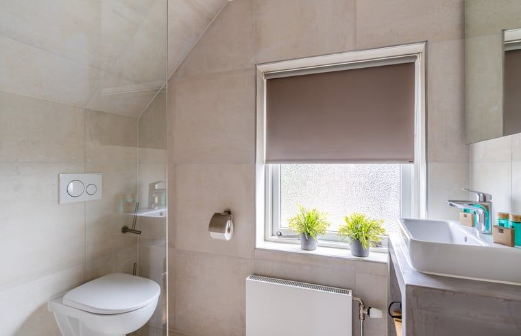 Compacte badkamer in Huisje in De Koog, Texel, met moderne voorzieningen en natuurlijk licht.