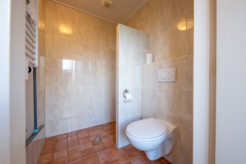 Frisches Badezimmer mit Toilette und Dusche in De Boomleeuwerik, Ferienunterkunft in De Koog.