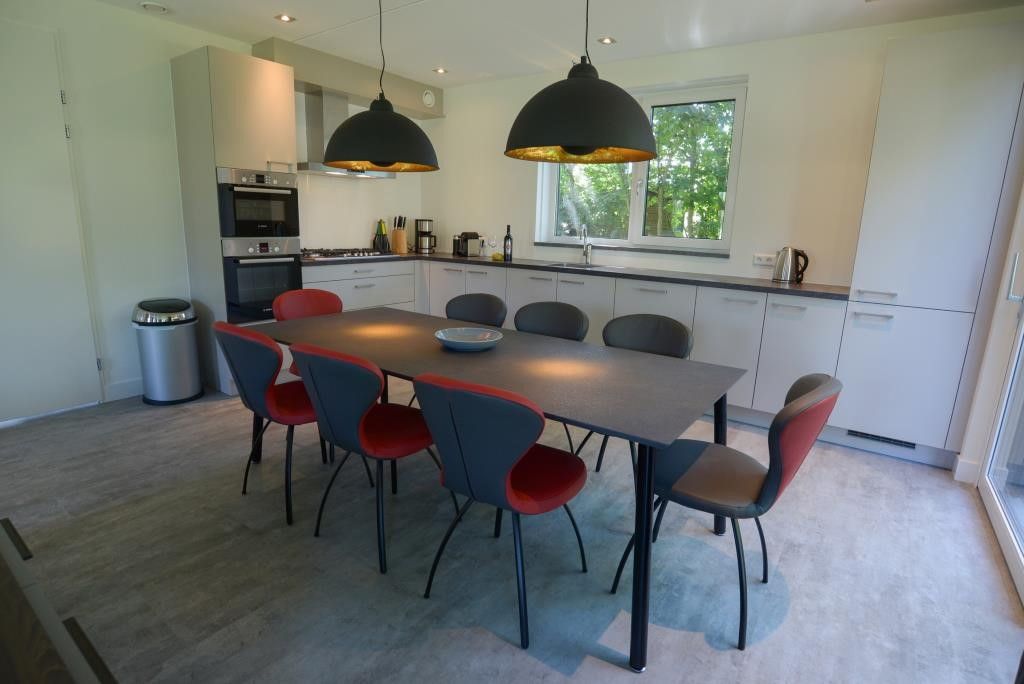 Dining room and kitchen in 06 - Razende Bol - allotment vacation home in De Koog, Texel with modern furnishings.
