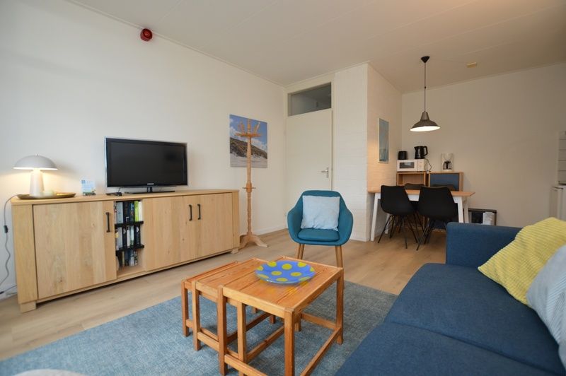 Modernes Wohnzimmer mit TV und Buecherregal im Apartment Kerckeland 126, Texel.
