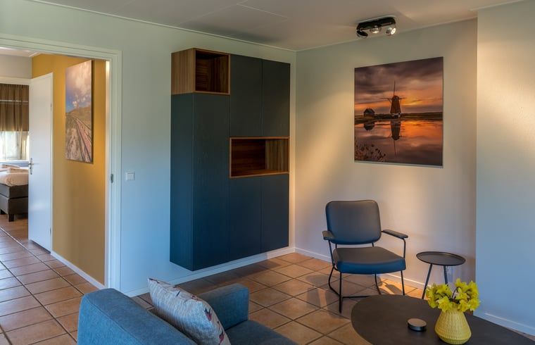 Stijlvolle woonkamer van vakantiehuisje in De Koog, Texel met kunst.