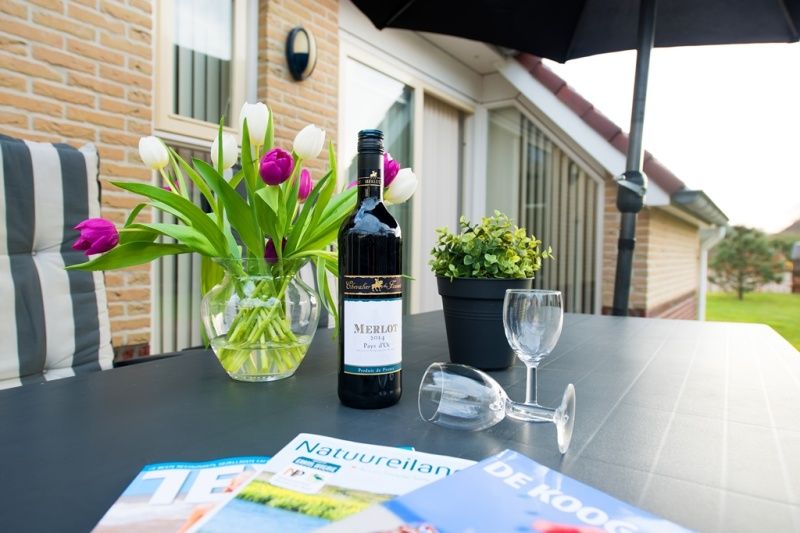 Geniet van een glas wijn op het terras van Villa 9, vakantiehuis in De Koog Texel, omgeven door natuur.