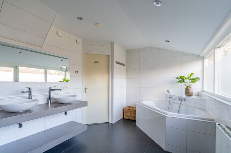 Stijlvolle badkamer in Vakantiehuis Kamperfoelie 43 met sauna, De Koog, Texel, met groot bad en moderne inrichting.