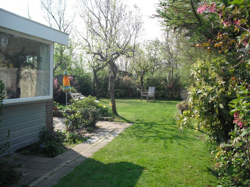 Groene tuin met terras bij Plevierstraat 21, De Koog, Texel, vakantiehuis voor natuurgenieters op de Waddeneilanden.