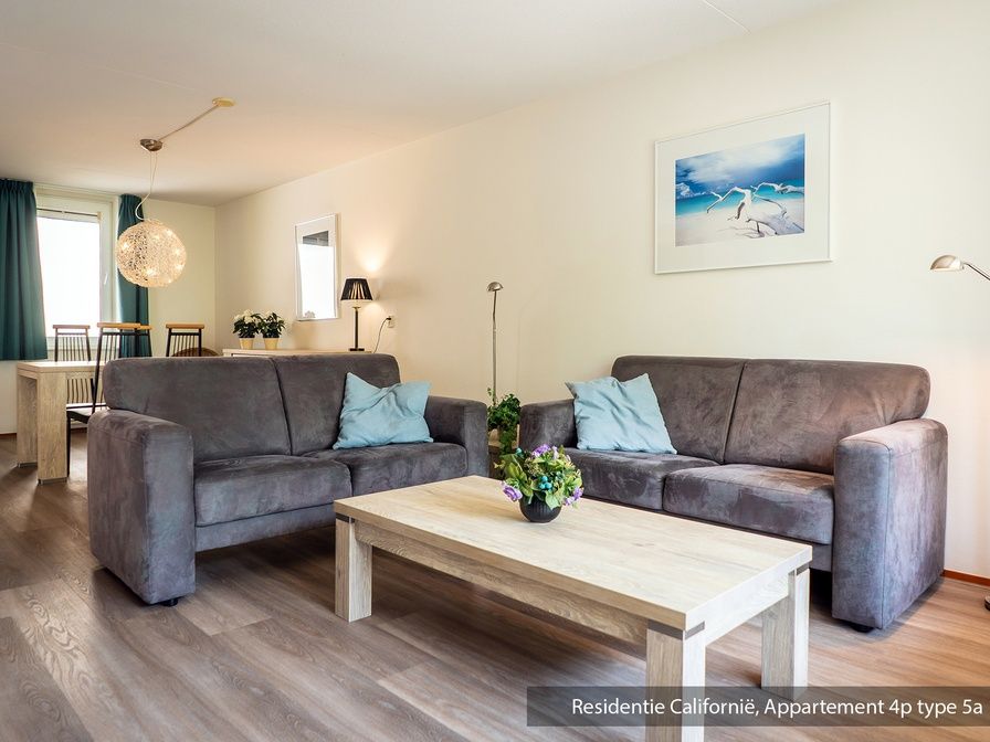 Gezellige woonkamer in Type 5A vakantiehuis, De Koog, Texel met comfortabele banken.