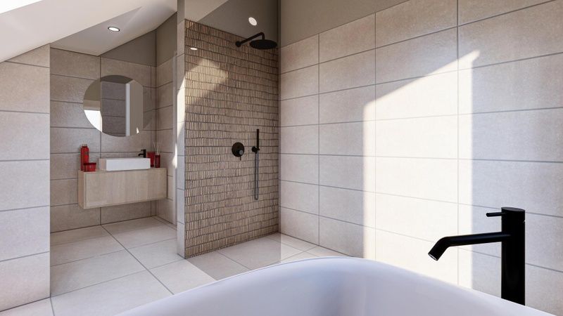 Modernes Badezimmer mit begehbarer Dusche in Duinvilla Wellness 6, Ferienhaus in De Koog, Texel.