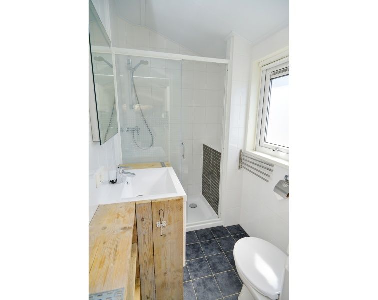 Badkamer in Chalet Bregkoog 215 Zandhuisjes op Chaletpark Bregkoog, De Koog, Texel met moderne douche en wastafel.