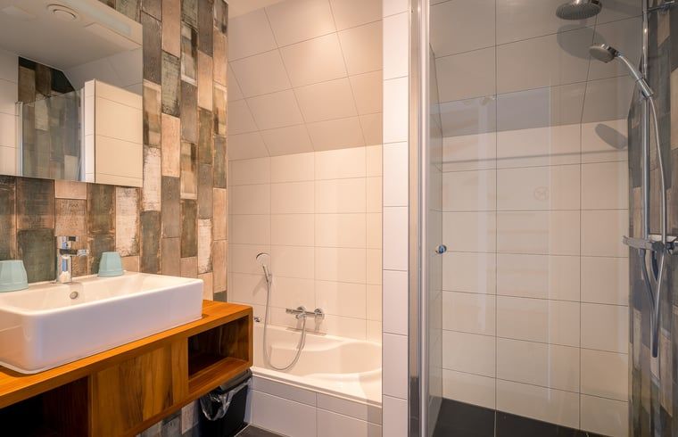 Modern bathroom in Holiday cottage in De Waal, Texel with shower and bathtub, stylish and practical.