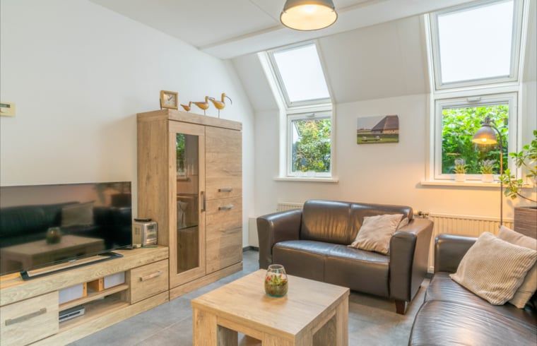 Gezellige woonkamer in Huisje in De Waal, Texel met comfortabele leren banken en veel natuurlijk licht.