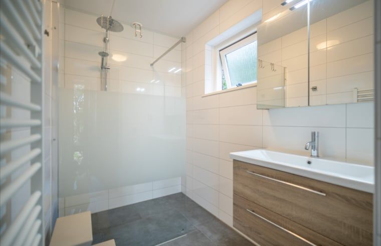 Moderne badkamer in Huisje in De Waal, Texel met ruime douche en stijlvolle afwerking.
