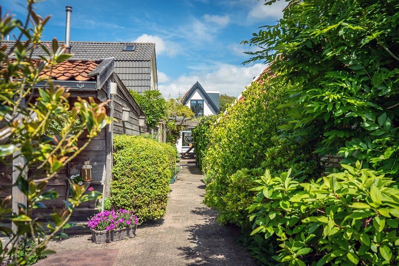 Picturesque garden path to Holiday home The Heggemus, Den Burg, Texel with lush green surroundings.