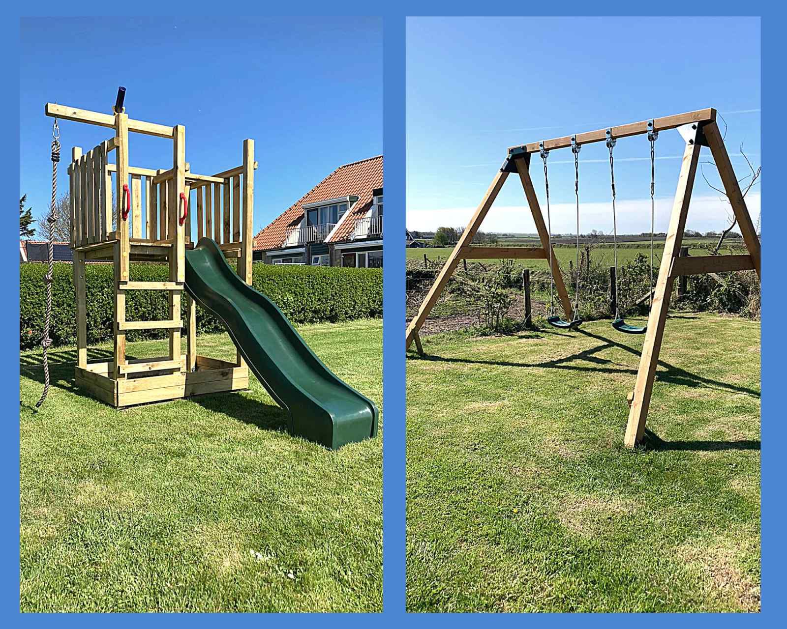 Speeltoestellen in de tuin van NH198 vakantiehuis Den Burg Texel.