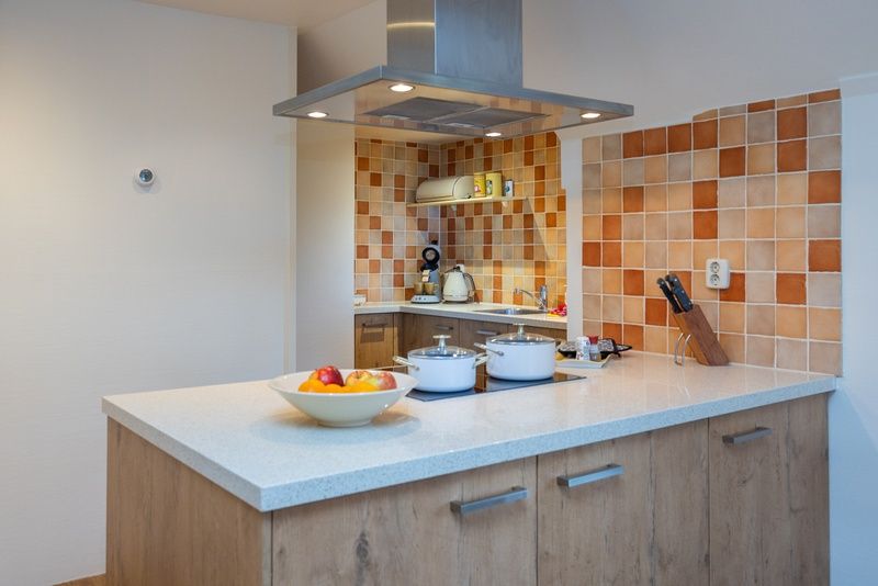 Gemuetlicher Innenbereich des Appartements Yellow in Den Hoorn, Texel, mit einer modernen Kueche und einer komfortablen Sitzecke.