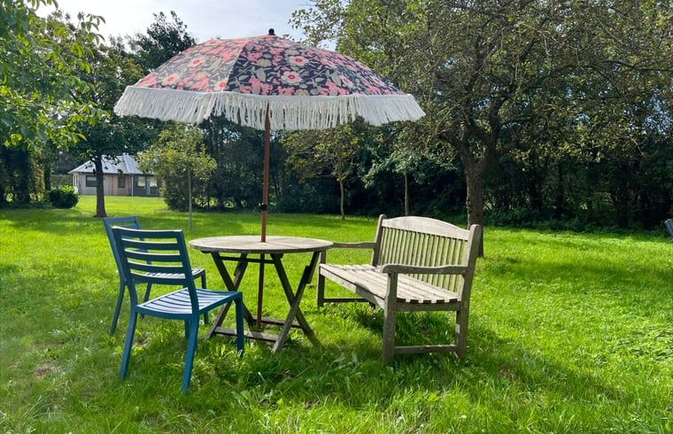 Schattiger Garten mit Sitzgelegenheiten im Ferienhaus in Den Hoorn, Texel.